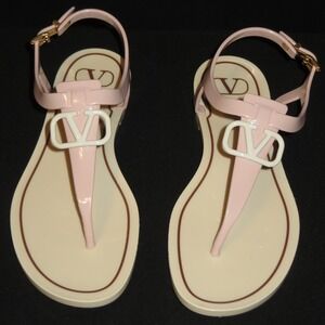 Valentino Garavani VLOGO Jelly Sandals Pink Cream PVC Thong Ankle Strap EU 38